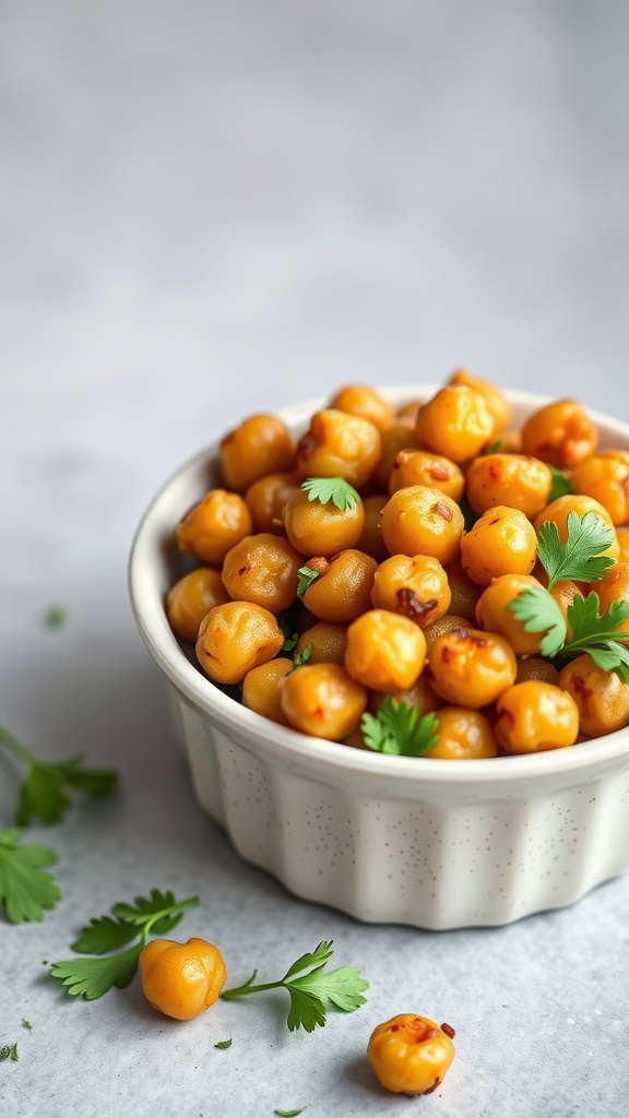 A bowl of garlic butter chickpeas garnished with parsley.