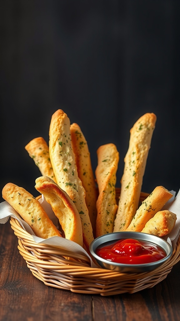 Garlic herb breadsticks in a basket with dipping sauce.