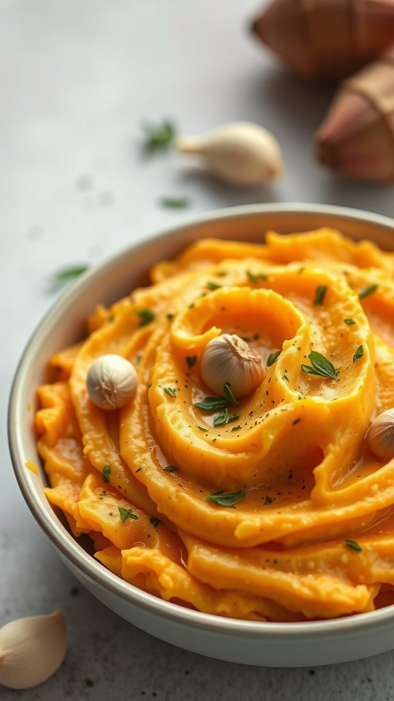 A bowl of creamy garlic mashed sweet potatoes garnished with parsley.