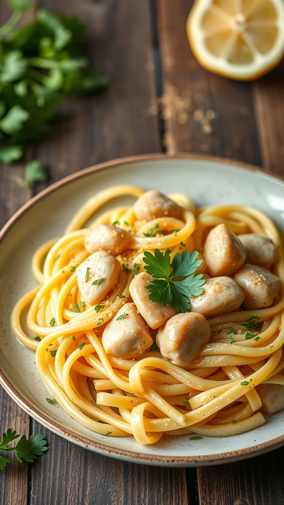 A plate of Garlicky Lemon Chicken Pasta garnished with parsley
