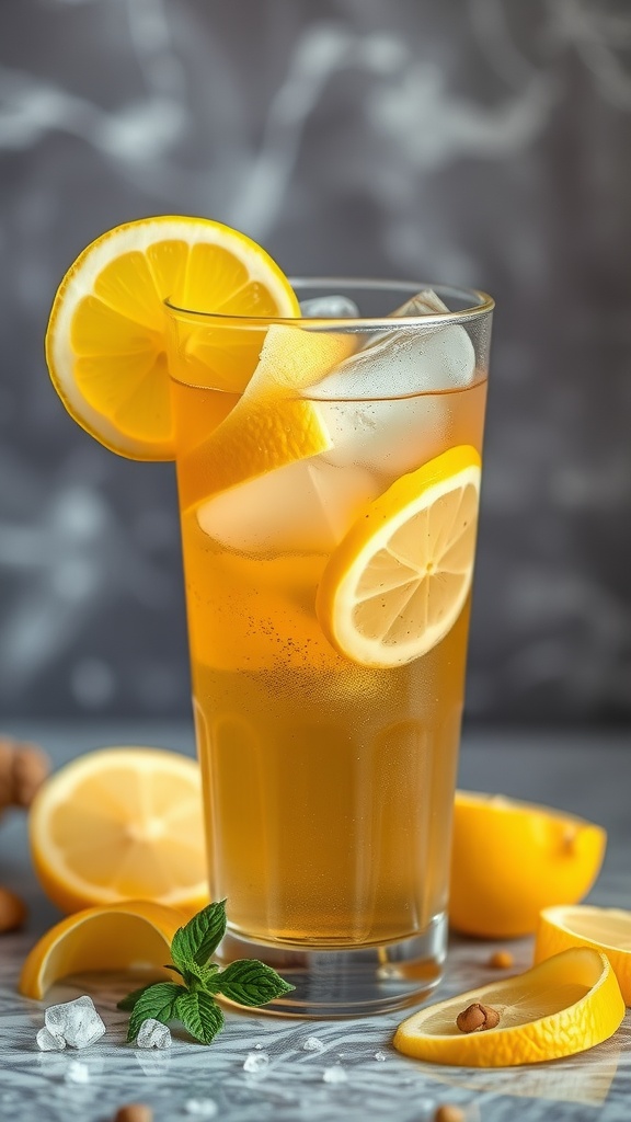 A refreshing glass of Ginger Lemon Iced Tea with lemon slices and mint leaves