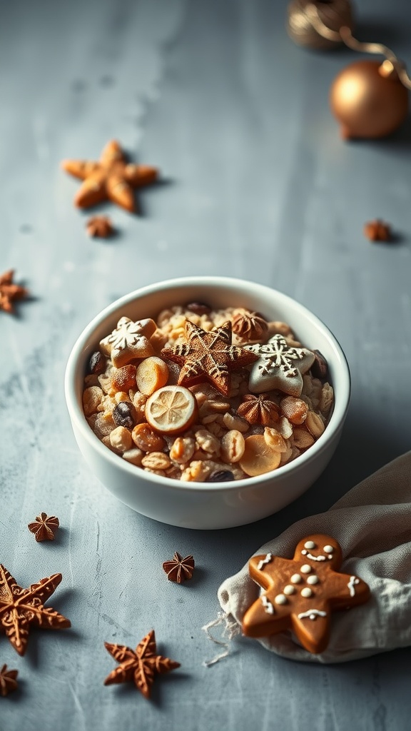 A bowl of gingerbread oatmeal topped with decorative cookies and spices, conveying a festive breakfast vibe.