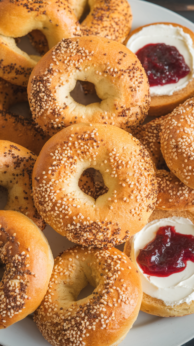 A plate of freshly baked gluten-free bagels with sesame seeds and cream cheese