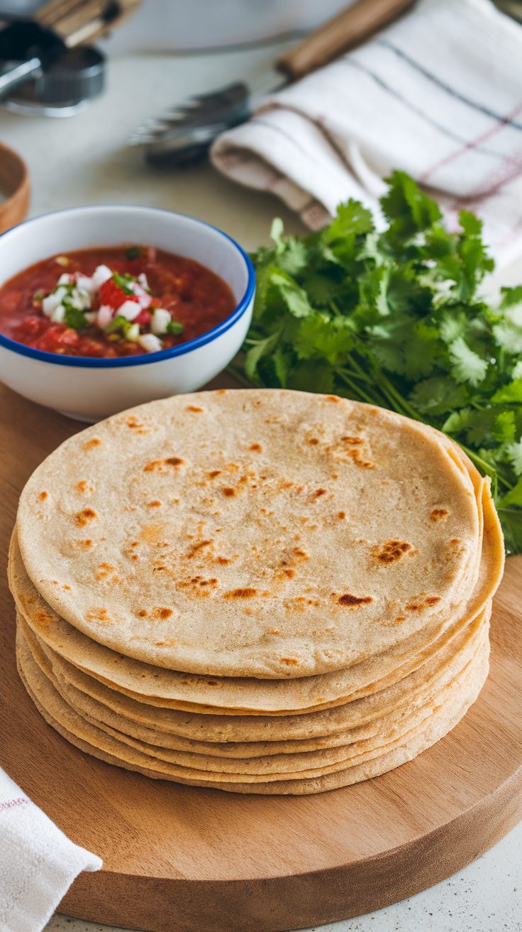 A stack of gluten-free tortillas on a wooden board with a bowl of salsa and fresh cilantro.