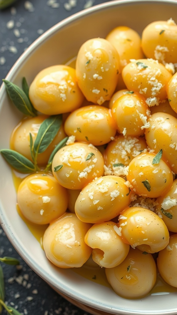 A bowl of delicious gnocchi with sage butter sauce garnished with herbs and cheese.