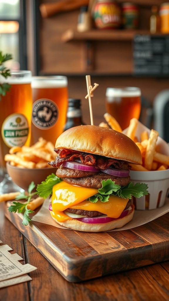 A delicious gourmet burger with layers of cheese, lettuce, onion, and bacon.