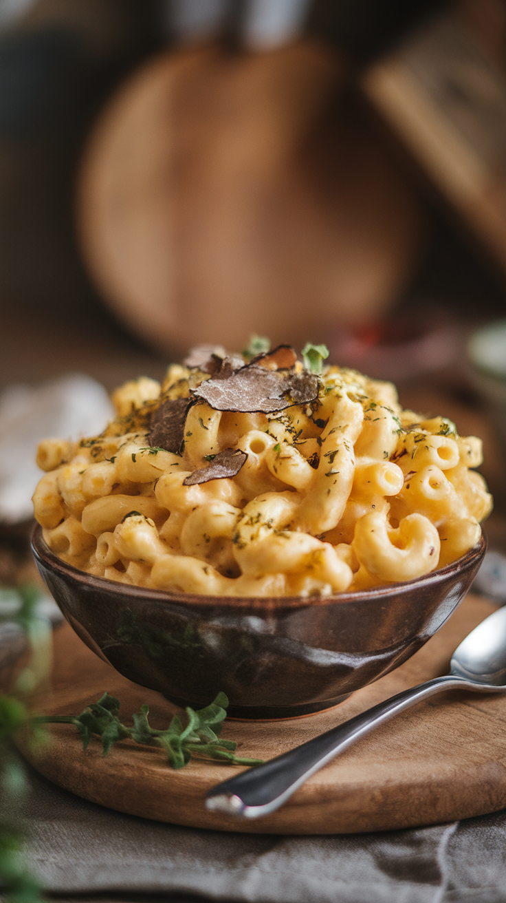 A creamy bowl of gourmet truffle mac and cheese topped with truffle shavings and herbs.