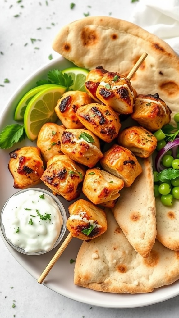 A plate of Greek chicken souvlaki skewers served with pita bread and tzatziki sauce.
