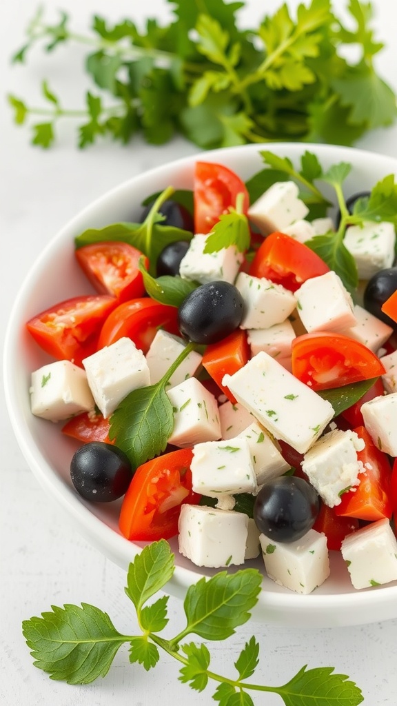 A bowl of Greek salad featuring fresh vegetables, feta cheese, and olives.