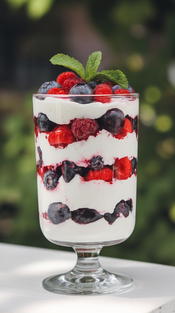 A delicious Greek yogurt and berry parfait with layers of yogurt, mixed berries, and garnished with mint leaves.