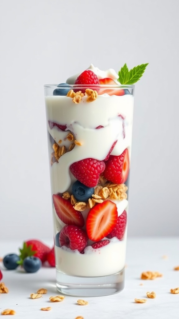 A layered Greek yogurt parfait with berries and granola in a glass.
