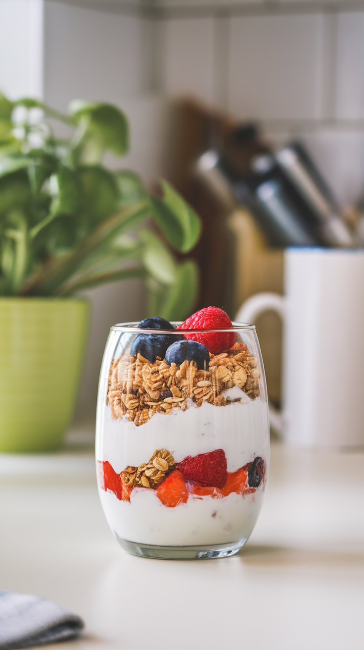 A delicious Greek yogurt parfait layered with granola and mixed berries in a clear glass.