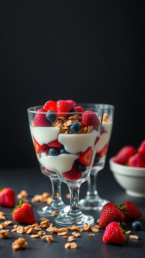 Greek yogurt parfaits with fresh berries and granola in glass cups