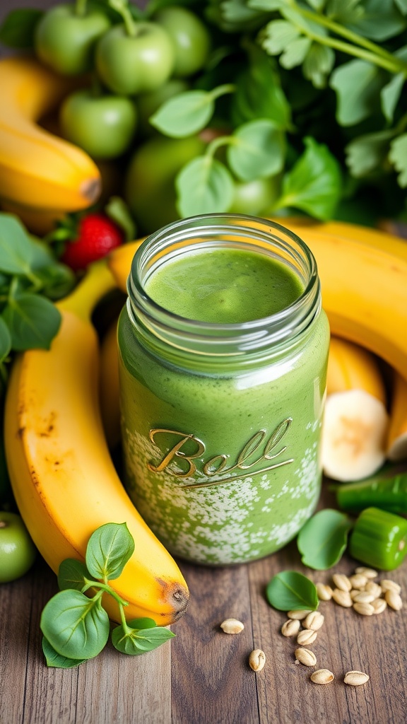 A mason jar filled with green smoothie overnight oats surrounded by fresh fruits and greens.