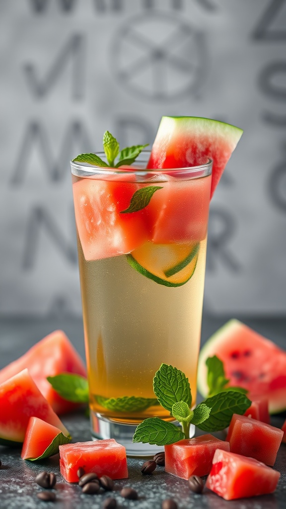 A refreshing glass of green tea with watermelon, garnished with fresh mint leaves.