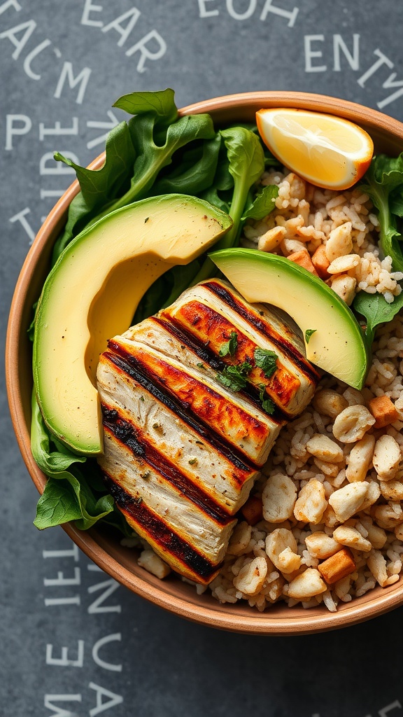 A delicious grilled chicken and avocado bowl filled with greens and rice.
