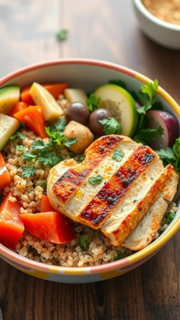A colorful bowl of grilled chicken, quinoa, and fresh vegetables