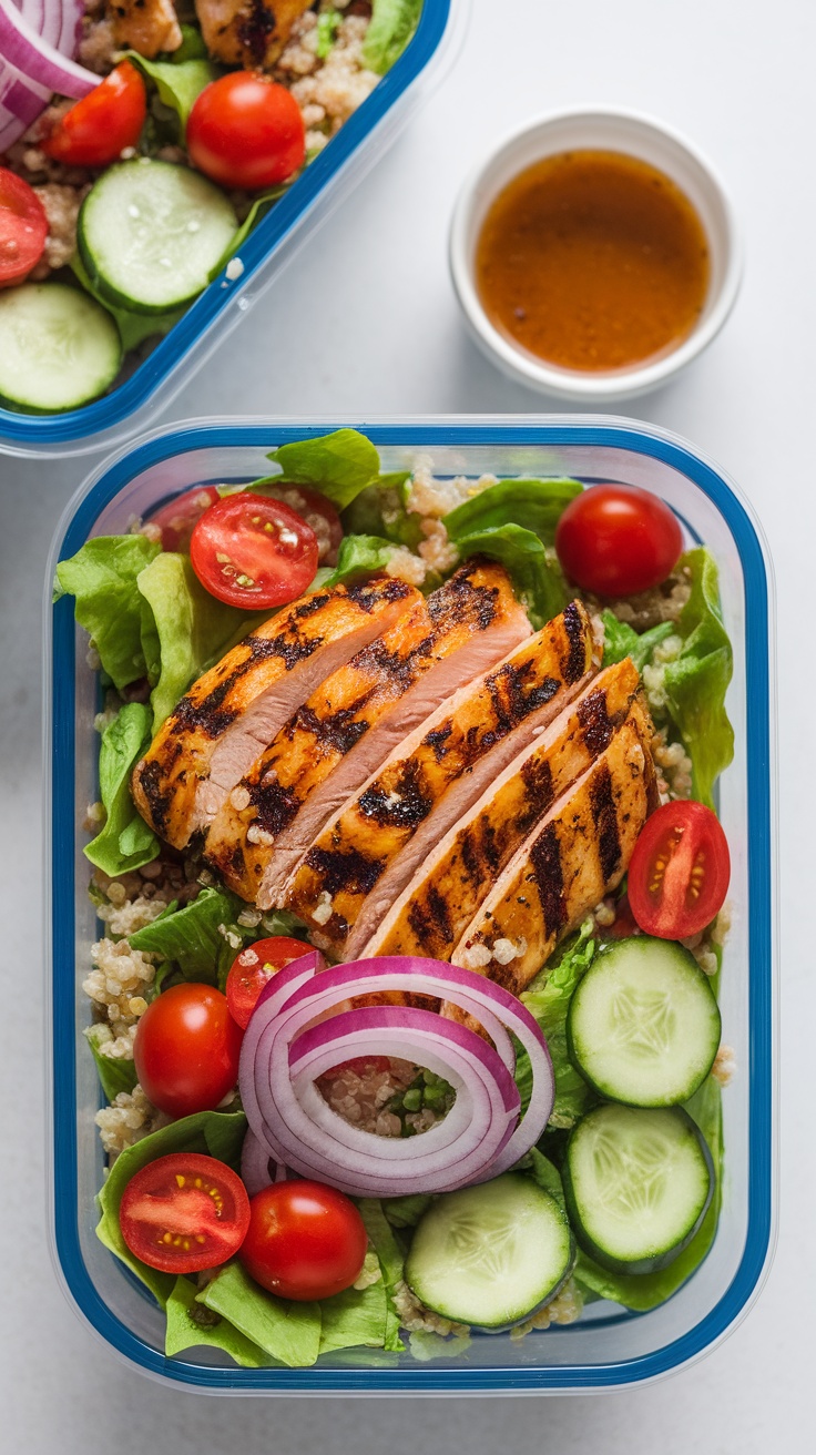 A delicious Grilled Chicken and Quinoa Salad with fresh vegetables.