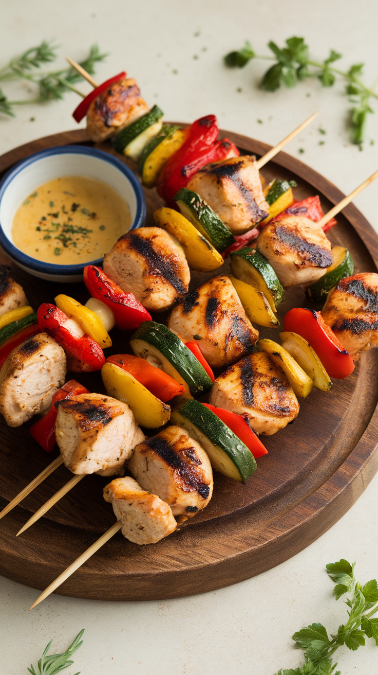 Grilled chicken and veggie skewers on a wooden platter with a side of dipping sauce.