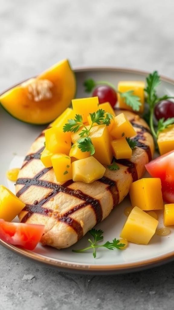 Grilled chicken topped with fresh mango salsa and served with colorful vegetables.