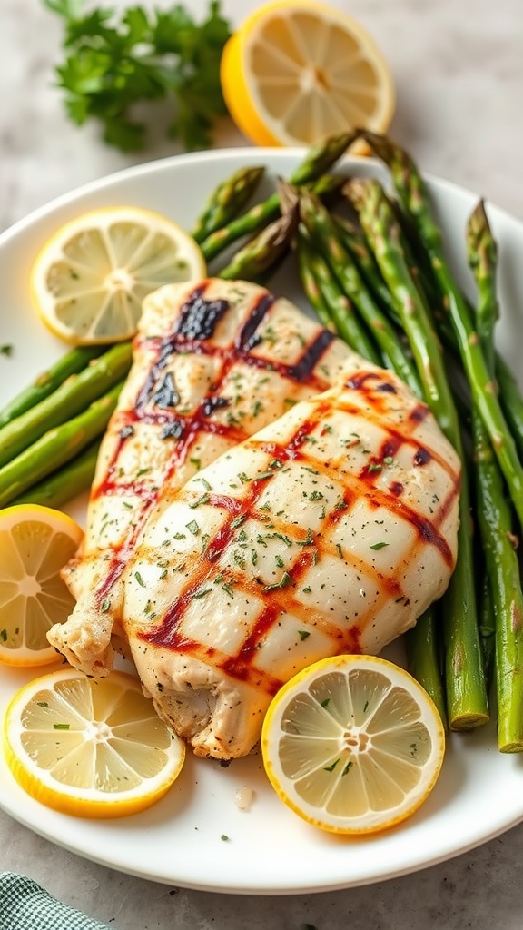Grilled chicken breast with asparagus and lemon slices