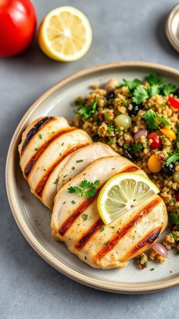 Grilled chicken with lemon slices served alongside a quinoa salad with fresh vegetables.