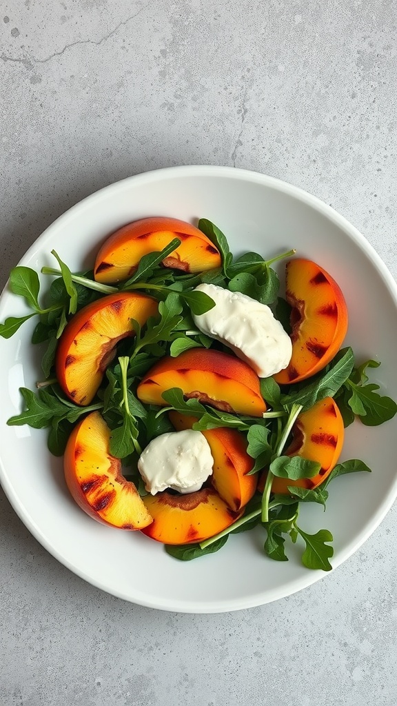 A fresh salad with grilled peaches, arugula, and burrata cheese.
