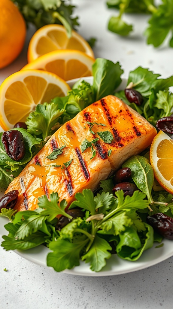 A delicious grilled salmon salad served with fresh greens and lemon slices.