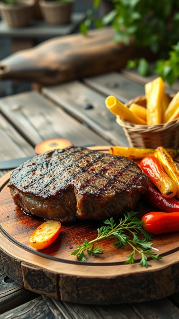Grilled steak alongside roasted vegetables on a wooden plate