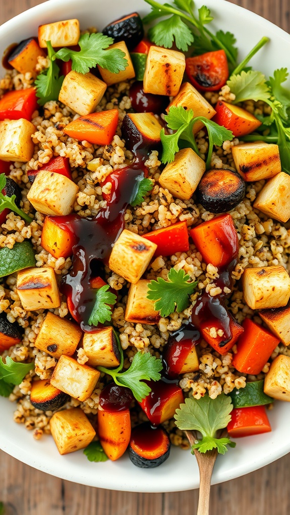 A colorful bowl of grilled vegetable and quinoa salad with fresh herbs.