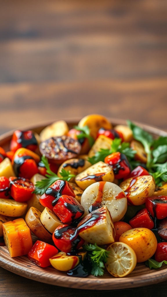 A colorful platter of grilled vegetables drizzled with balsamic glaze, garnished with fresh parsley.