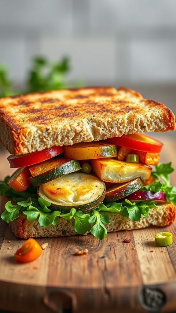 A delicious grilled vegetable sandwich with colorful layers of vegetables.