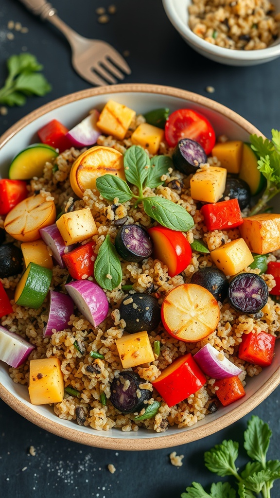 Colorful grilled veggie and quinoa salad served in a bowl, garnished with fresh herbs.