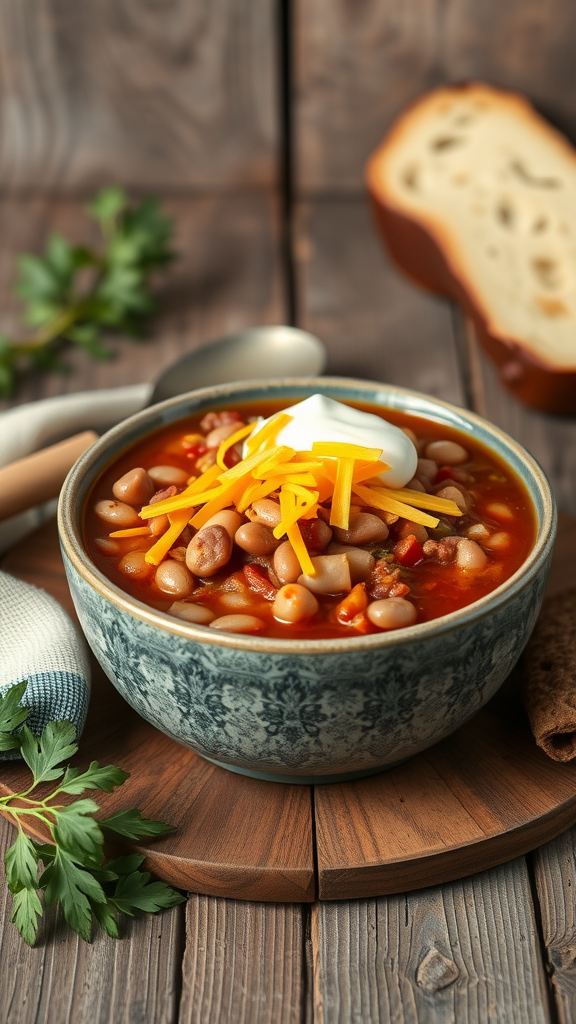 A bowl of ham and bean chili topped with cheese and sour cream.