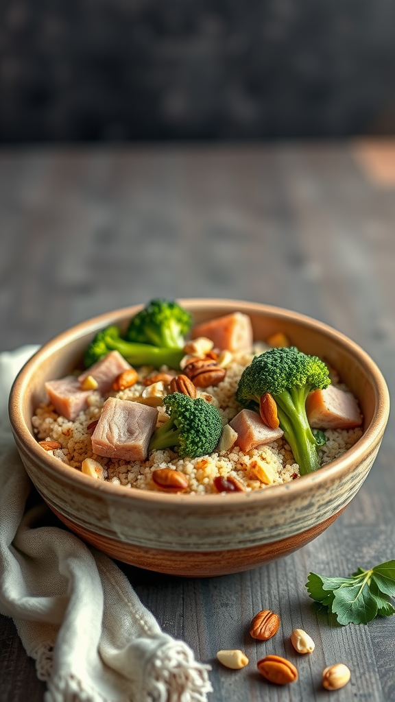 A delicious Ham and Broccoli Quinoa Bowl filled with quinoa, ham, and broccoli garnished with almonds.