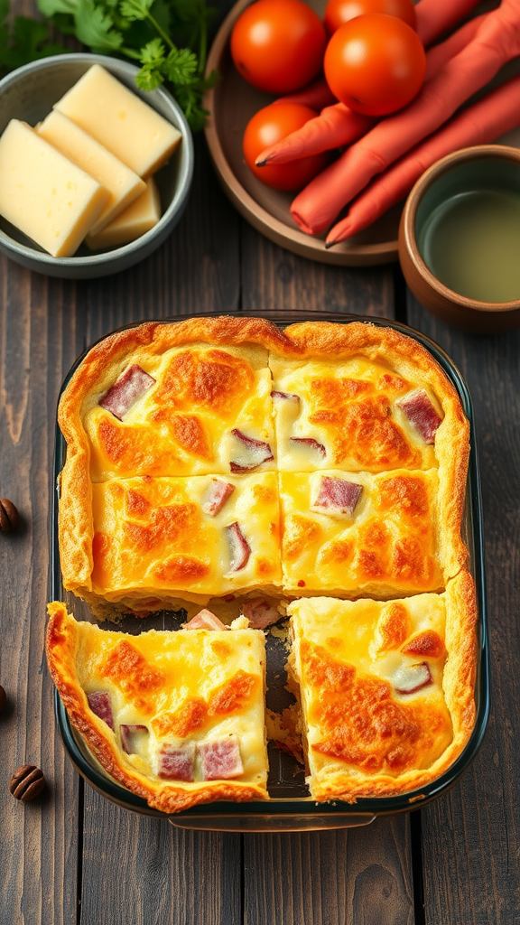 A delicious ham and cheese breakfast casserole with slices cut out, served with fresh ingredients.