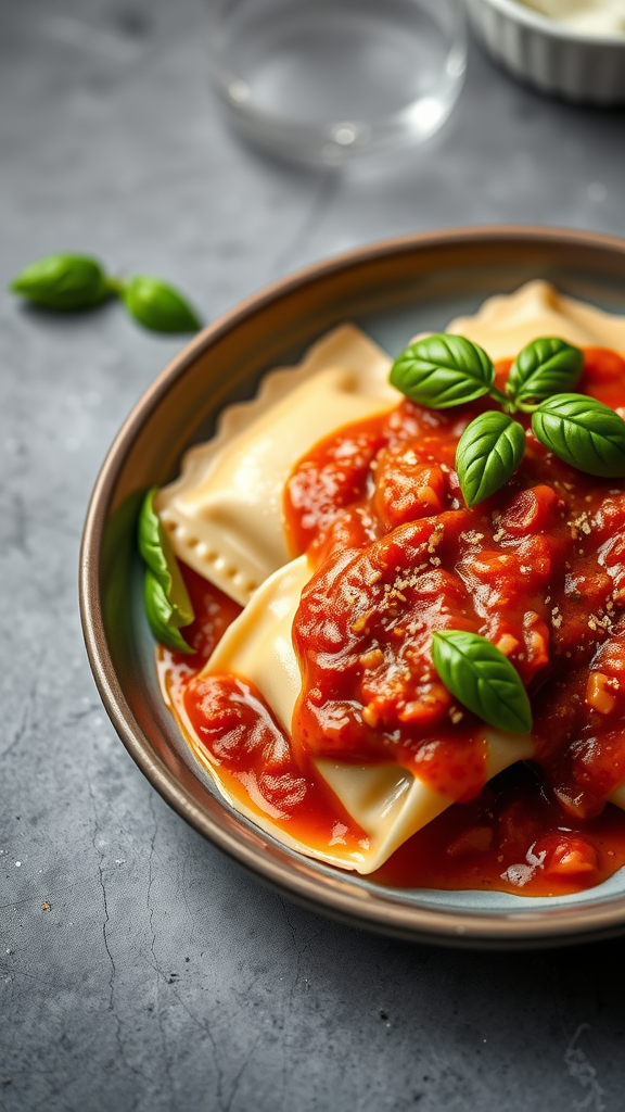 Plate of ham and cheese ravioli served with marinara sauce and fresh basil