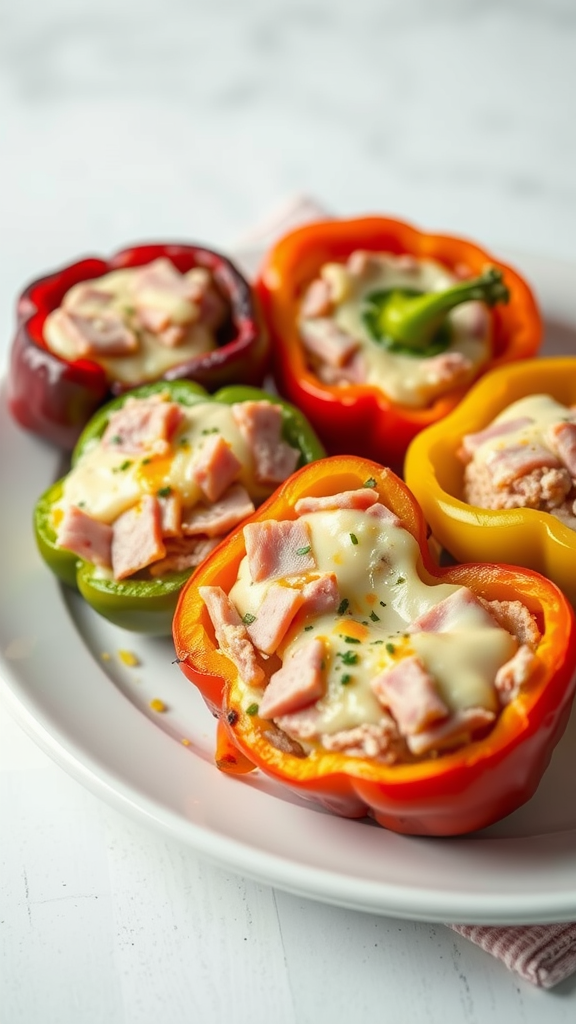 Colorful bell peppers stuffed with ham and cheese.