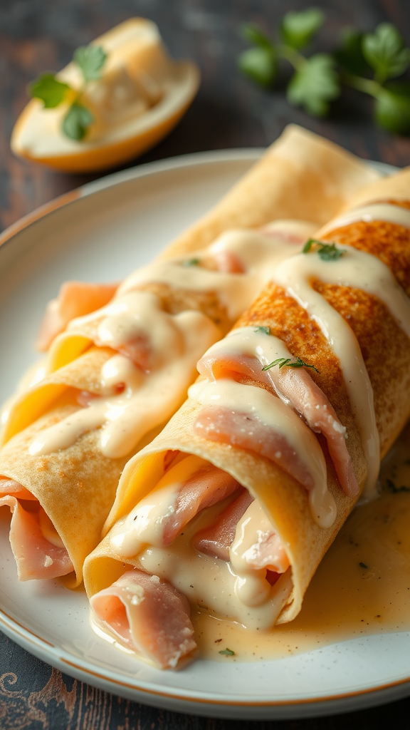Ham and cheese stuffed crepes served with creamy sauce