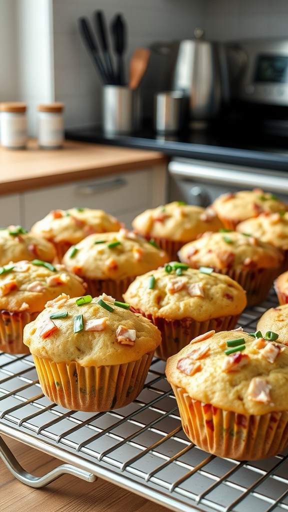Savory ham and chive muffins cooling on a wire rack.