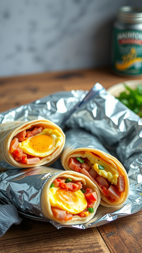 Three ham and egg breakfast burritos on a plate, wrapped in foil, with fresh toppings.