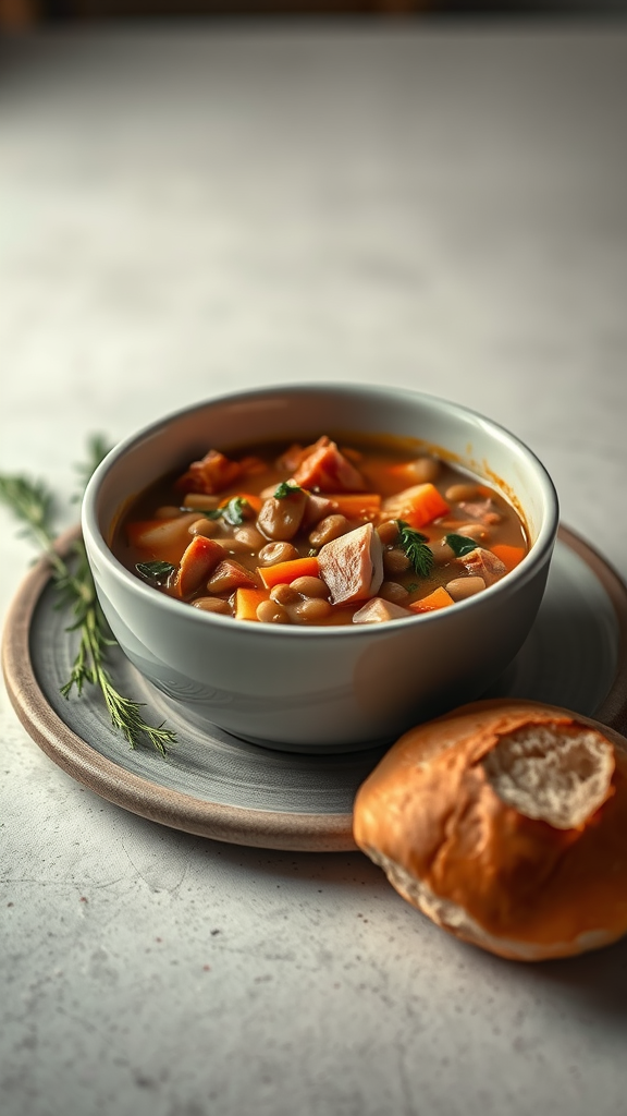 A bowl of ham and lentil soup served with a bread roll