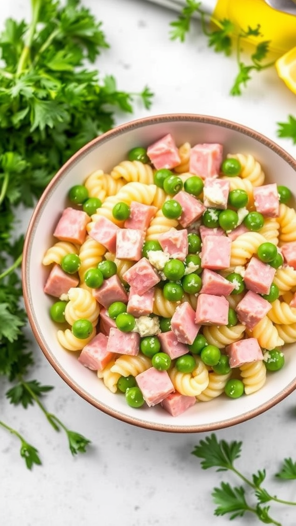 A bowl of ham and pea pasta salad with spiraled pasta, green peas, and diced ham garnished with parsley.
