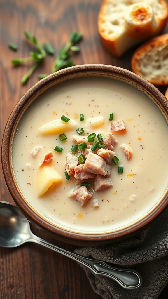 A bowl of creamy ham and potato soup garnished with green onions, with some bread on the side.