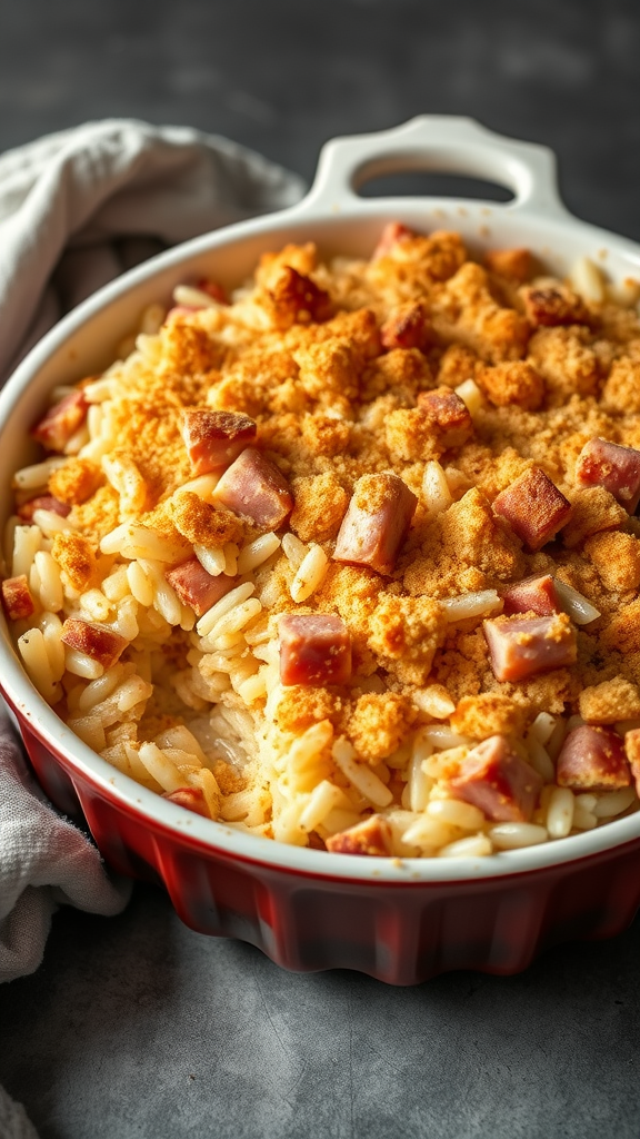 Ham and Rice Casserole in a baking dish topped with a crunchy layer