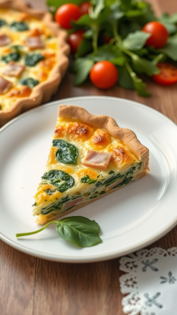 Slice of ham and spinach quiche on a plate with the whole quiche in the background.