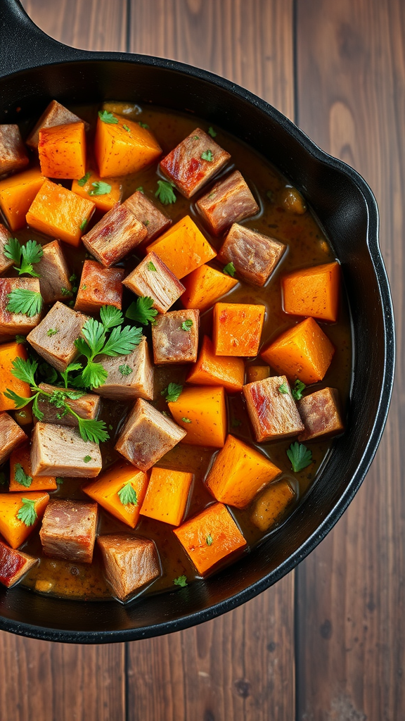 A delicious ham and sweet potato hash cooked in a skillet with fresh parsley.