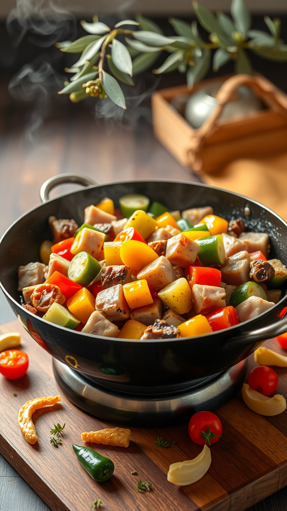 A colorful ham and vegetable stir-fry in a pan, featuring diced ham, bell peppers, zucchini, and cherry tomatoes, garnished with herbs.