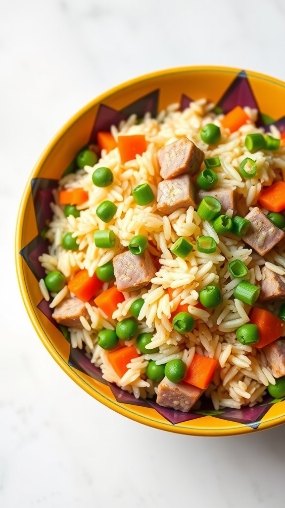 A bowl of colorful ham fried rice with peas, carrots, and diced ham.