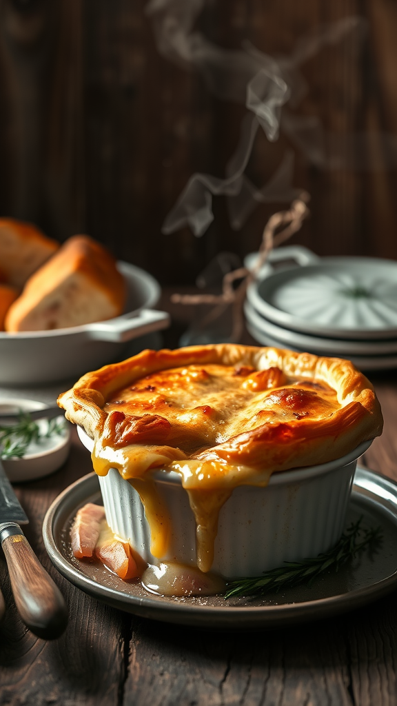 A delicious ham pot pie with a golden crust and steaming filling